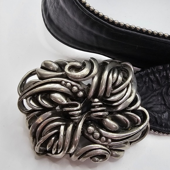 Vintage Fahrenheit NY Wide Black Leather Belt‎ Pewter Buckle 80s Wearable Art